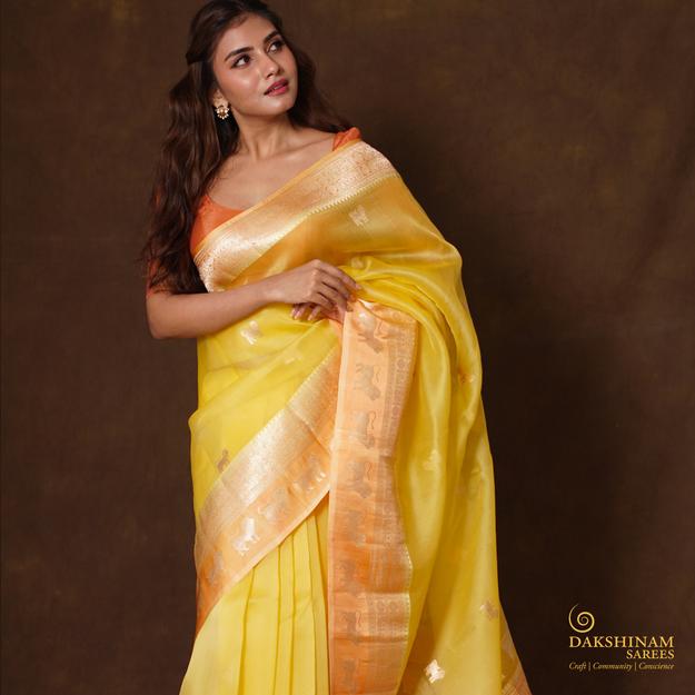 Handwoven Yellow Banarasi Silk Organza Saree - 2357N028785DSC