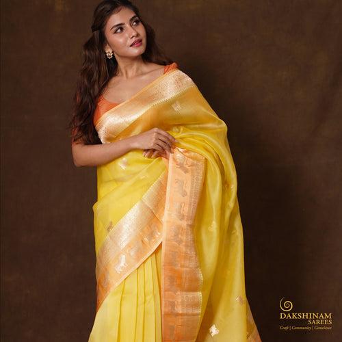 Handwoven Yellow Banarasi Silk Organza Saree - 2357N028785DSC