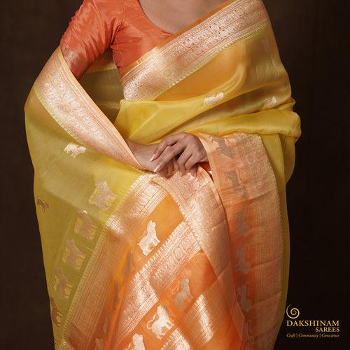 Handwoven Yellow Banarasi Silk Organza Saree - 2357N028785DSC