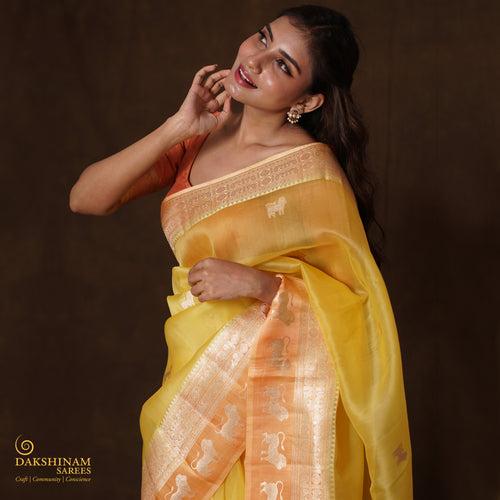 Handwoven Yellow Banarasi Silk Organza Saree - 2357N028785DSC