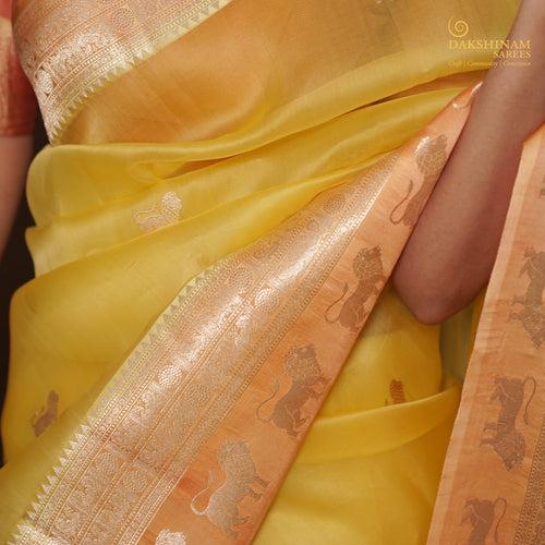 Handwoven Yellow Banarasi Silk Organza Saree - 2357N028785DSC