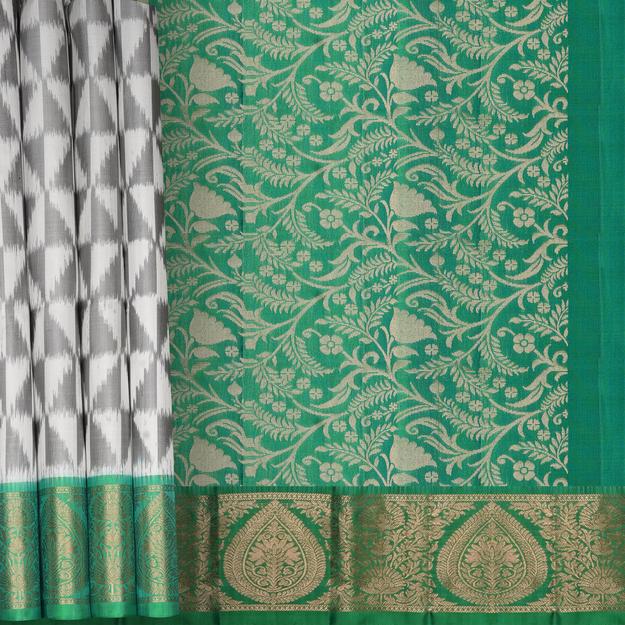 Handwoven White with Green Soft Silk Ikat Saree - 2380T011173DSC