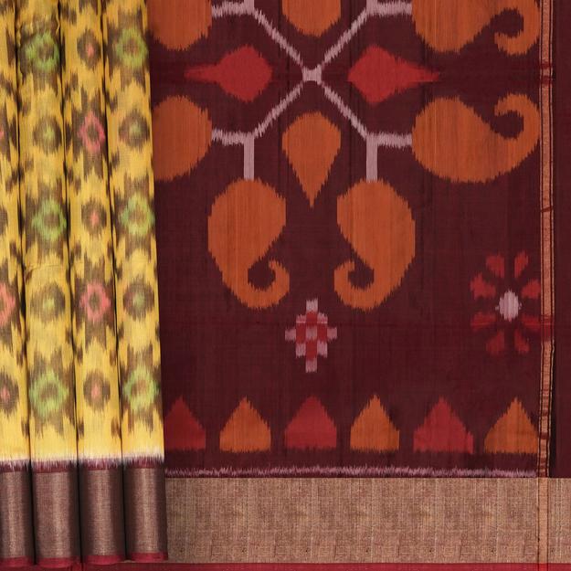 Handwoven Yellow with Maroon Silk Cotton Saree - 2375T011176DSC