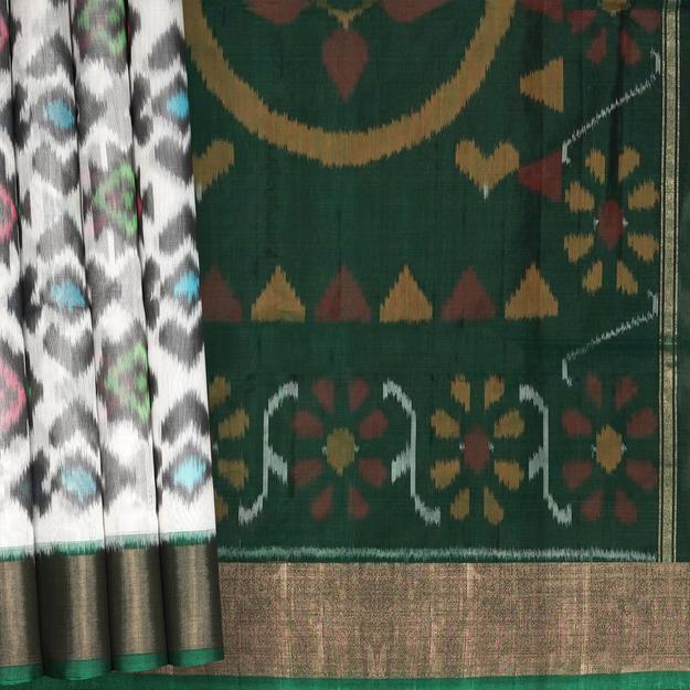 Handwoven White with Green Silk Cotton Saree - 2371T011177DSC