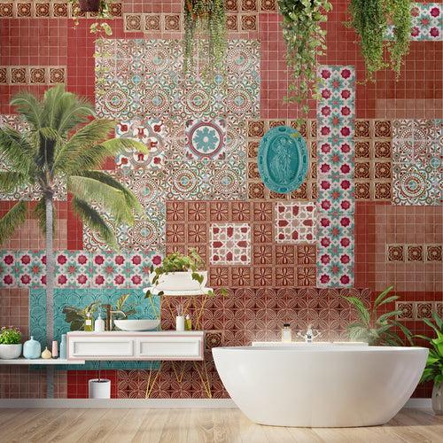 Eclectic Montage Tiles and Tropical Wallpaper