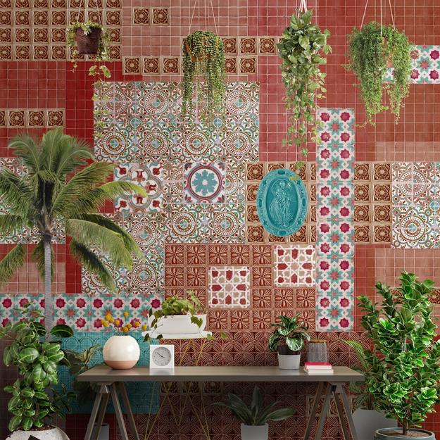 Eclectic Montage Tiles and Tropical Wallpaper