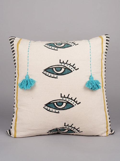 MYSTICAL GAZE & TASSEL  - BLOCK PRINTED SQAURE CUSHION COVER