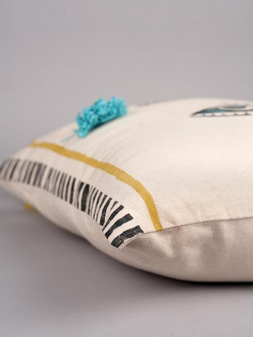 MYSTICAL GAZE & TASSEL  - BLOCK PRINTED SQAURE CUSHION COVER