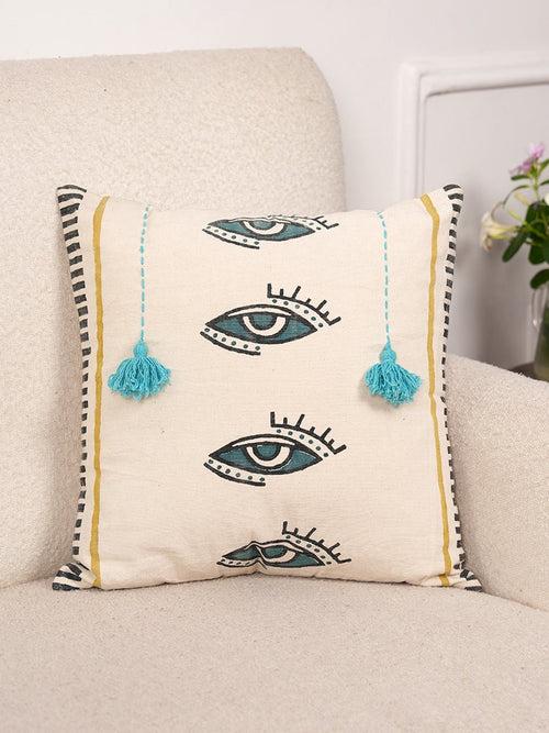 MYSTICAL GAZE & TASSEL  - BLOCK PRINTED SQAURE CUSHION COVER