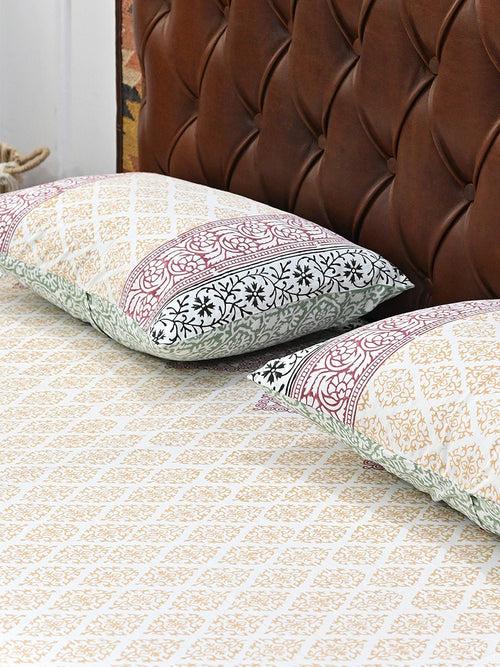 GEOMETRIC MULTICOLOR COTTON BLOCK PRINTED DOUBLE BEDSHEET WITH PILLOW