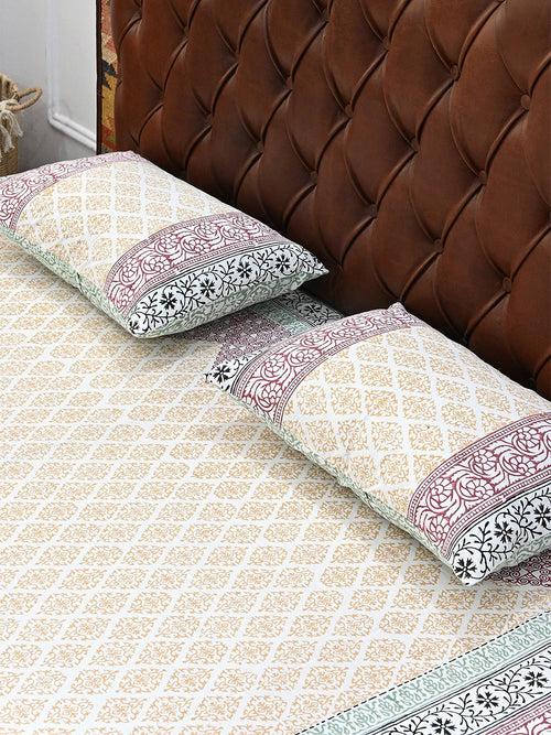 GEOMETRIC MULTICOLOR COTTON BLOCK PRINTED DOUBLE BEDSHEET WITH PILLOW