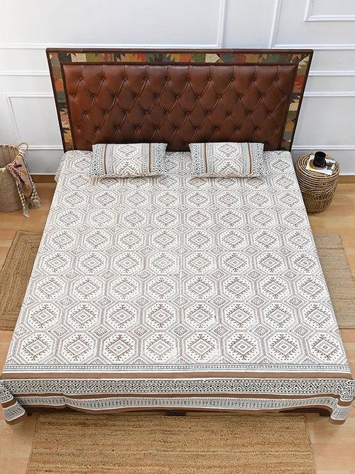 GEOMETRIC BROWN COTTON PRINTED DOUBLE BEDSHEET WITH PILLOW