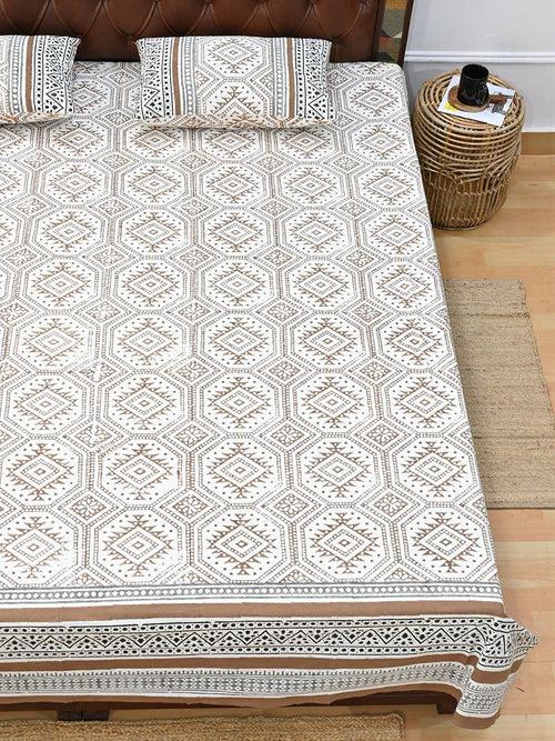 GEOMETRIC BROWN COTTON PRINTED DOUBLE BEDSHEET WITH PILLOW