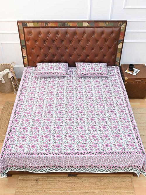 GULMARG PINK COTTON PRINTED DOUBLE BEDSHEET WITH PILLOW