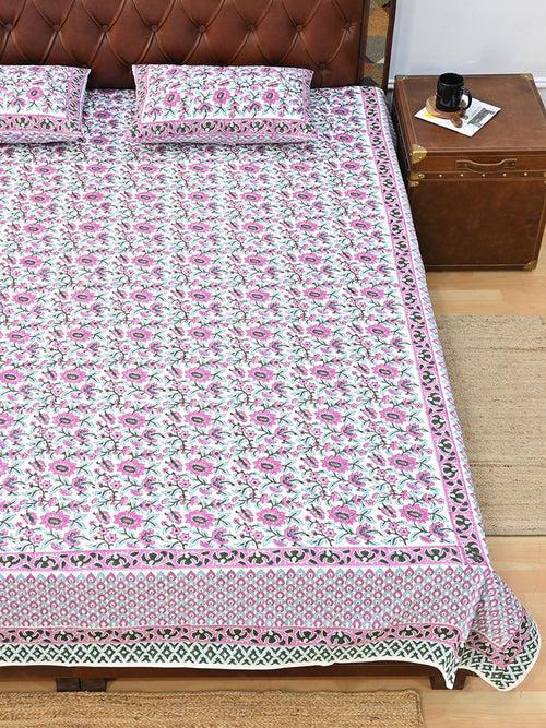 GULMARG PINK COTTON PRINTED DOUBLE BEDSHEET WITH PILLOW