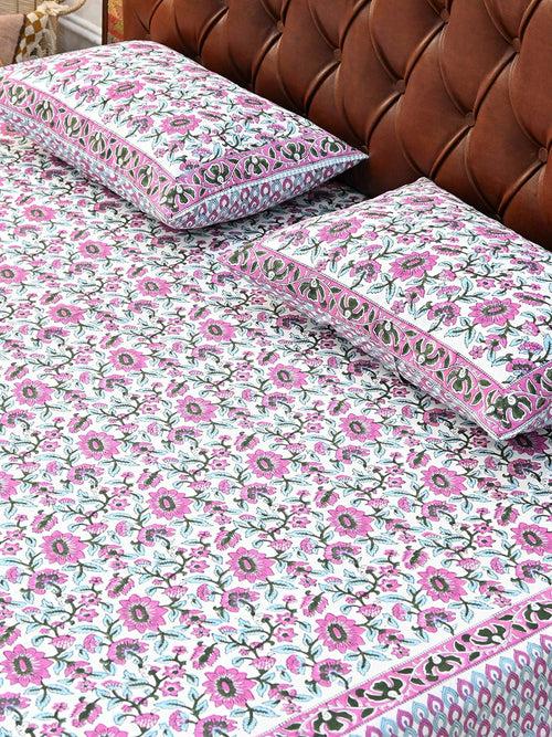 GULMARG PINK COTTON PRINTED DOUBLE BEDSHEET WITH PILLOW