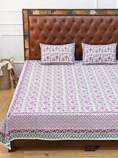 GULMARG PINK COTTON PRINTED DOUBLE BEDSHEET WITH PILLOW