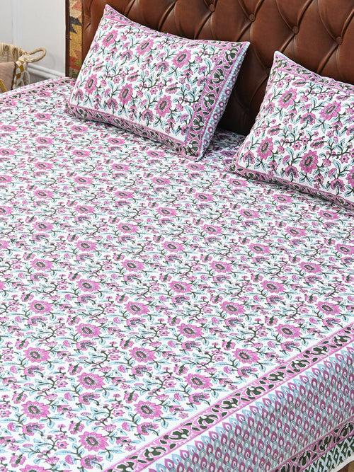 GULMARG PINK COTTON PRINTED DOUBLE BEDSHEET WITH PILLOW