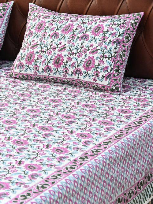 GULMARG PINK COTTON PRINTED DOUBLE BEDSHEET WITH PILLOW