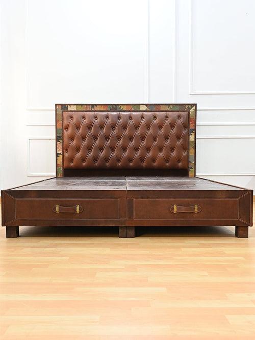 CARUS- WOODEN DOUBLE BED WITH KILIM & LEATHER