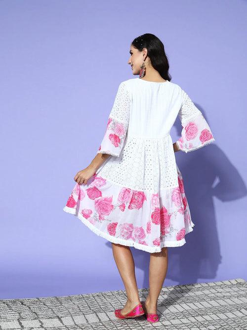 Art Avenue Women's Cotton White & Pink Schiffli Embroidered A-Line Dress