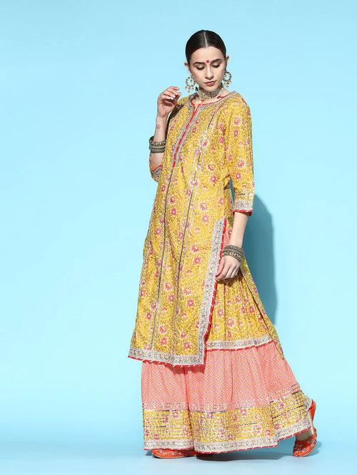 Art Avenue  Women's Yellow Gotta Patti Embroidered A-Line Kurta Sahara Dupatta Set