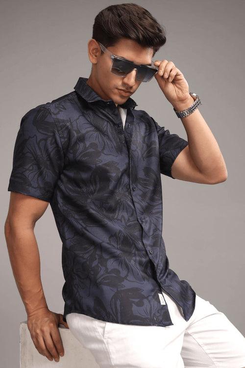 Blue & Black Floral Printed Shirt -Half- Wrinkle Free