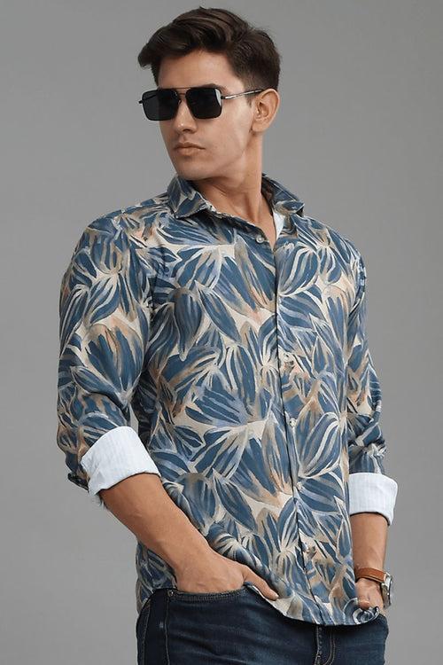 Blue & Golden Leaf Printed Shirt - Full - Wrinkle Free