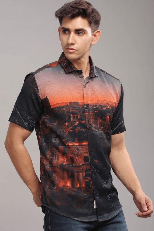 Mountain Black Printed Shirt - Half - Wrinkle Free