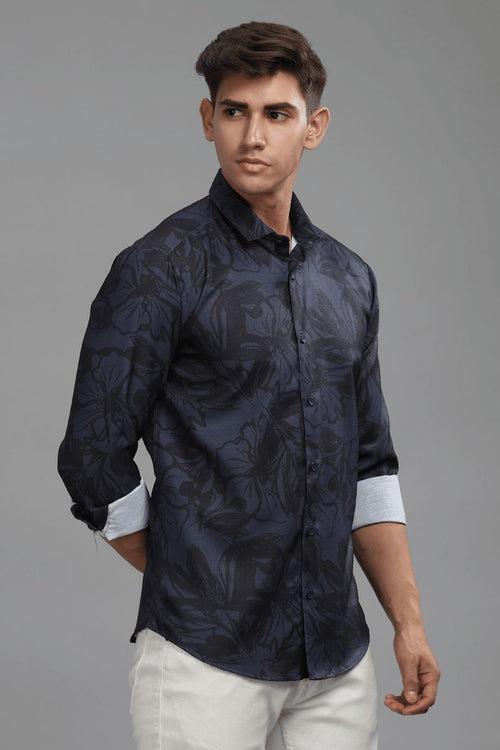 Blue & Black Floral Printed Shirt -Full- Wrinkle Free