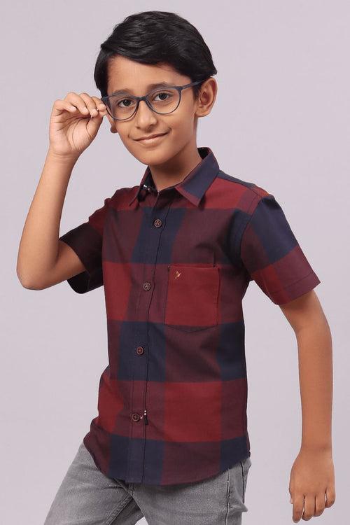 KIDS - Maroon Box Checks-Half-Stain Proof Shirt