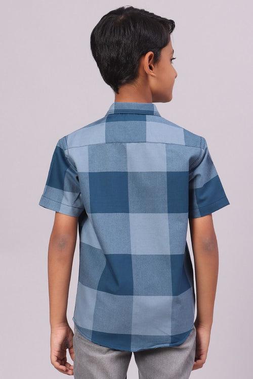 KIDS - Teal Blue Box Checks-Half-Stain Proof Shirt