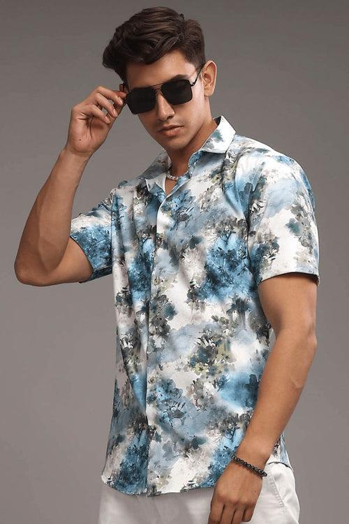 Pearl Blue Leaf Printed shirt - Half - Wrinkle Free