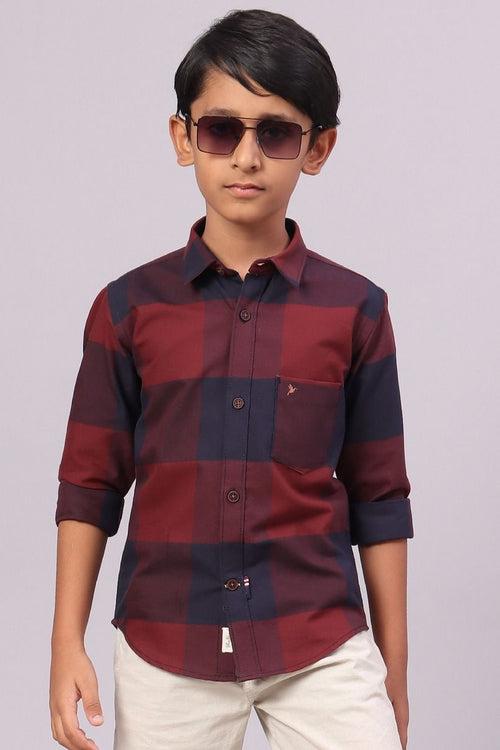 KIDS - Maroon Box Checks-Full-Stain Proof Shirt