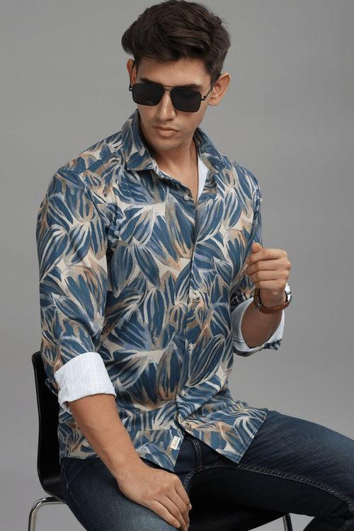 Blue & Golden Leaf Printed Shirt - Full - Wrinkle Free