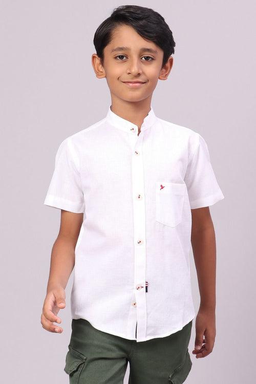 KIDS - White Cotton Linen Chinese Collar -Half-Stain Proof Shirt