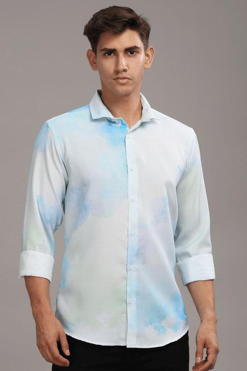 Water Blue Printed Shirt -Full- Wrinkle Free