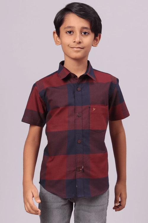 KIDS - Maroon Box Checks-Half-Stain Proof Shirt