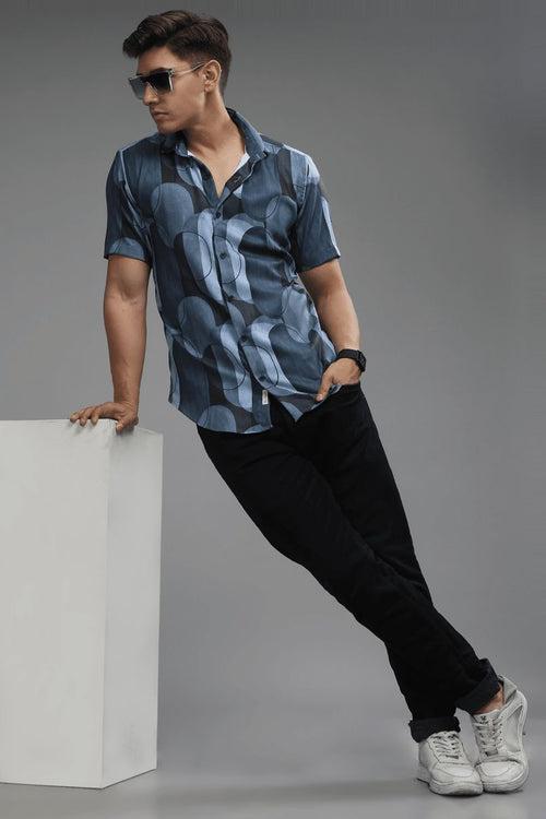 Multi Shape Blue Printed shirt - Half - Wrinkle Free