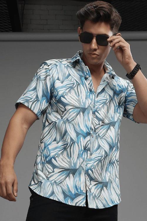 White & Blue Leaf Printed Shirt - Half - Wrinkle Free