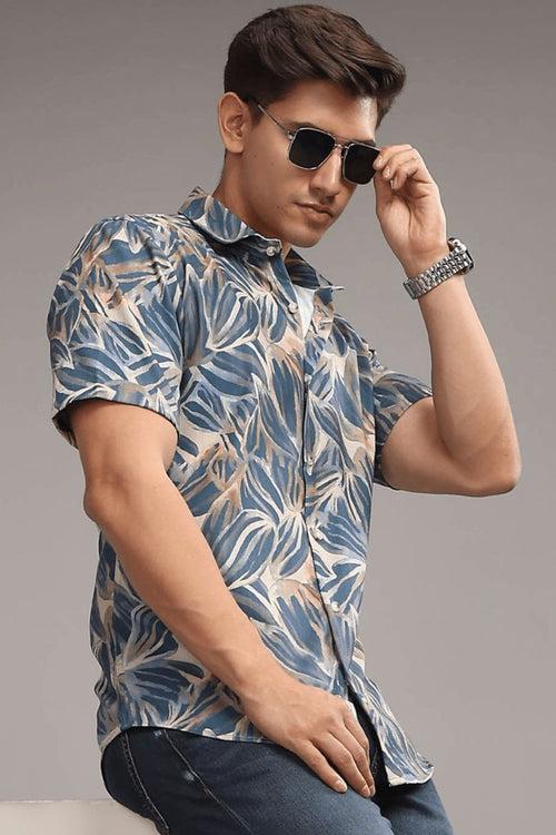 Blue & Golden Leaf Printed Shirt - Half - Wrinkle Free