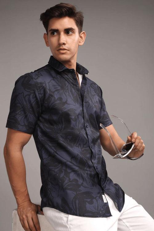 Blue & Black Floral Printed Shirt -Half- Wrinkle Free