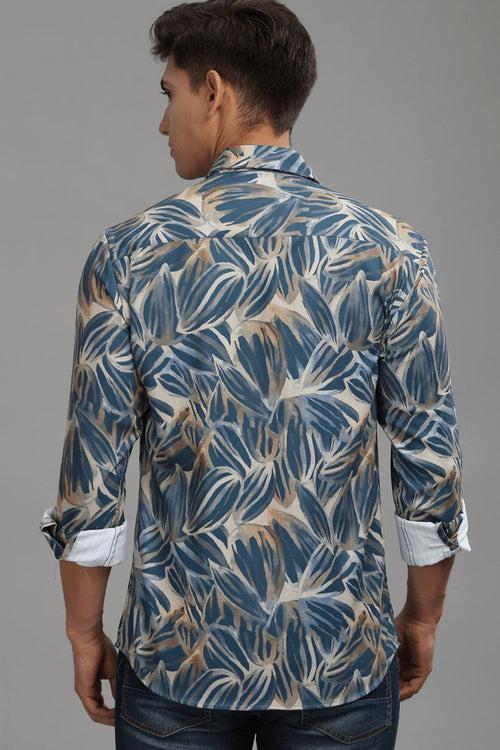 Blue & Golden Leaf Printed Shirt - Full - Wrinkle Free