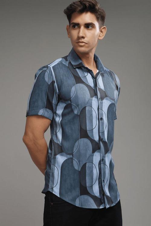 Multi Shape Blue Printed shirt - Half - Wrinkle Free