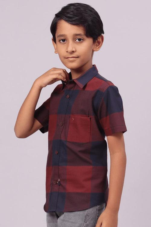 KIDS - Maroon Box Checks-Half-Stain Proof Shirt