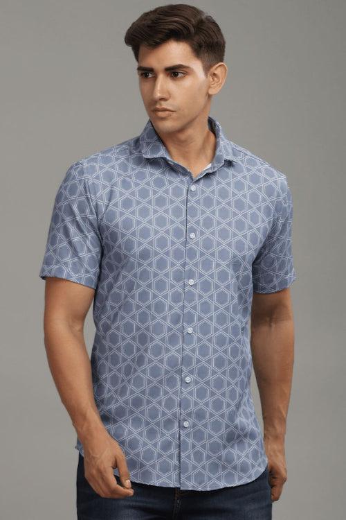 Silver Grey Hexagonal Printed shirt - Half - Wrinkle Free