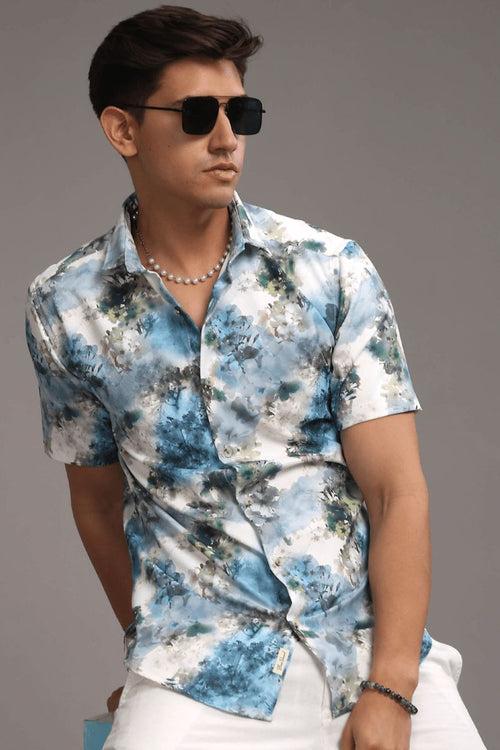 Pearl Blue Leaf Printed shirt - Half - Wrinkle Free