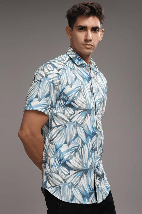 White & Blue Leaf Printed Shirt - Half - Wrinkle Free