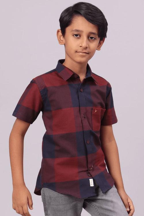 KIDS - Maroon Box Checks-Half-Stain Proof Shirt