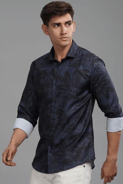 Blue & Black Floral Printed Shirt -Full- Wrinkle Free